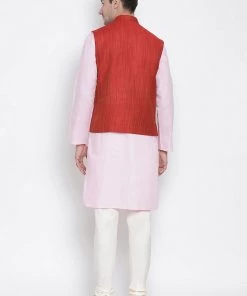 Vastramay Men's Pink Cotton Blend Kurta, Ethnic Jacket And Pyjama Set