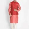 Vastramay Men's Pink Cotton Blend Kurta, Nehru Jacket And Pyjama Set