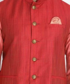 Vastramay Men's Pink Cotton Blend Kurta, Nehru Jacket And Pyjama Set