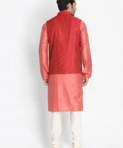 Vastramay Men's Pink Cotton Blend Kurta, Nehru Jacket And Pyjama Set