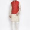 Vastramay Men's Beige Cotton Blend Kurta, Ethnic Jacket And Pyjama Set