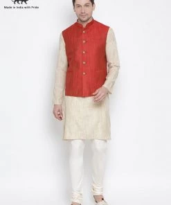 Vastramay Men's Beige Cotton Blend Kurta, Ethnic Jacket And Pyjama Set