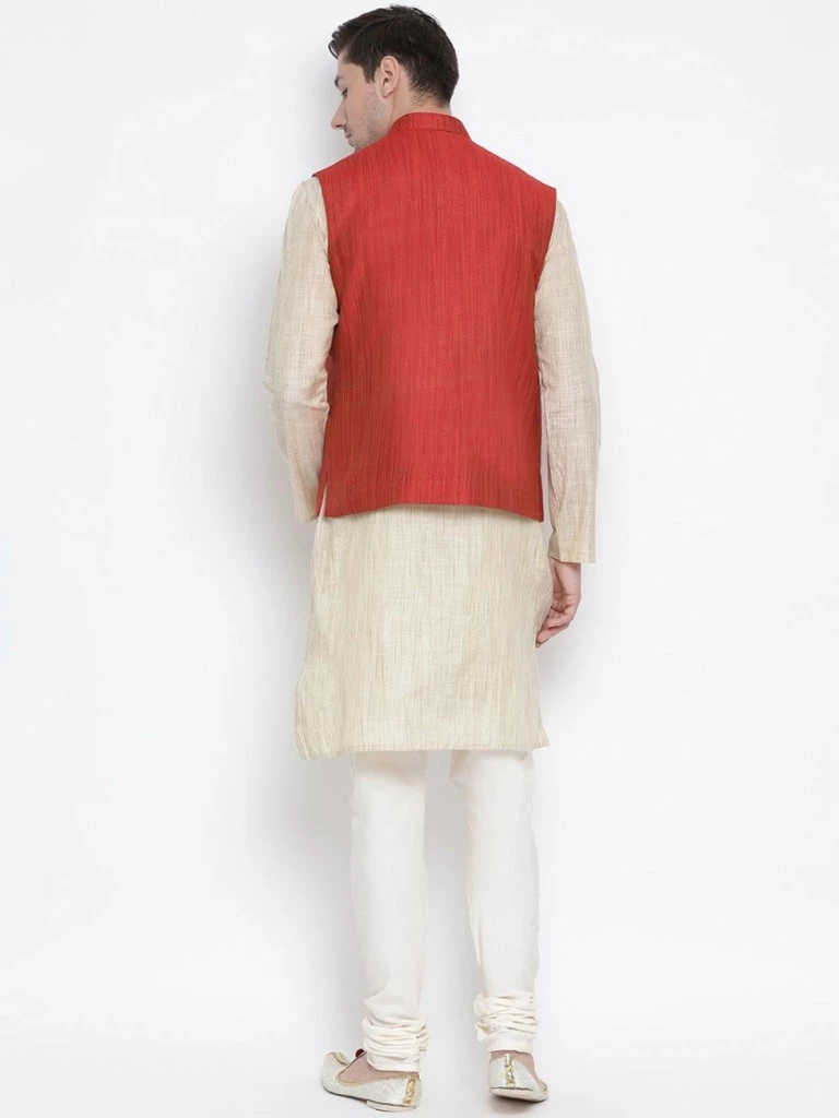 Vastramay Men's Beige Cotton Blend Kurta, Ethnic Jacket And Pyjama Set 6 Vastramay Men's Beige Cotton Blend Kurta, Ethnic Jacket And Pyjama Set