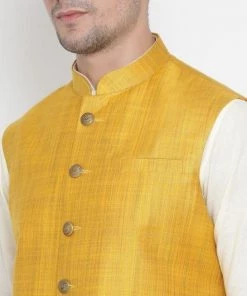 Kurta Sets VASTRAMAY Men's Beige Cotton Blend Kurta, Ethnic Jacket And Pyjama Set