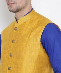 Vastramay Men's Blue Cotton Blend Kurta, Ethnic Jacket And Pyjama Set