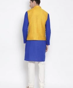 Vastramay Men's Blue Cotton Blend Kurta, Ethnic Jacket And Pyjama Set