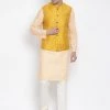Vastramay Men's Orange Cotton Blend Kurta, Ethnic Jacket And Pyjama Set