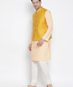 Vastramay Men's Orange Cotton Blend Kurta, Ethnic Jacket And Pyjama Set