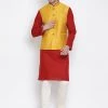 Vastramay Men's Maroon Cotton Blend Kurta, Ethnic Jacket And Pyjama Set