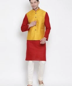 Vastramay Men's Maroon Cotton Blend Kurta, Ethnic Jacket And Pyjama Set