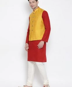 Vastramay Men's Maroon Cotton Blend Kurta, Ethnic Jacket And Pyjama Set