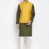 Vastramay Men's Green Cotton Blend Kurta, Ethnic Jacket And Pyjama Set