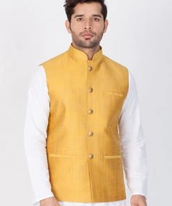 VASTRAMAY Men's Gold Cotton Blend Ethnic Jacket
