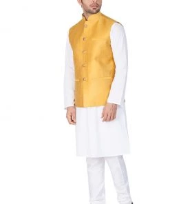 Vastramay Men's White Cotton Blend Kurta, Ethnic Jacket And Pyjama Set