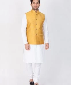 VASTRAMAY Men's Gold Cotton Blend Ethnic Jacket