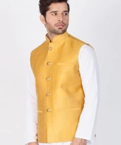 VASTRAMAY Men's Gold Cotton Blend Ethnic Jacket