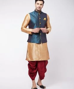 VASTRAMAY Men's Rose Gold Silk Blend Kurta And Dhoti With Blue Woven Nehru Jacket