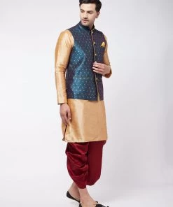 VASTRAMAY Men's Rose Gold Silk Blend Kurta And Dhoti With Blue Woven Nehru Jacket