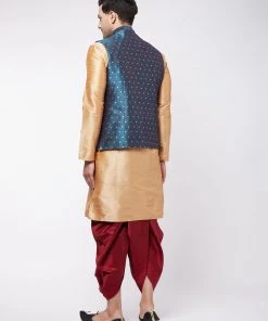 VASTRAMAY Men's Rose Gold Silk Blend Kurta And Dhoti With Blue Woven Nehru Jacket