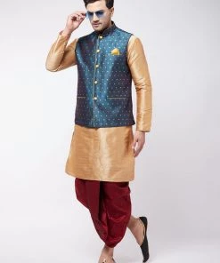 VASTRAMAY Men's Rose Gold Silk Blend Kurta And Dhoti With Blue Woven Nehru Jacket