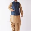 VASTRAMAY Men's Rose Gold Solid Silk Blend Kurta And Dhoti With Blue Nehru Jacket Kurta Sets