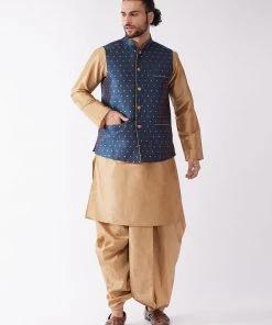VASTRAMAY Men's Rose Gold Solid Silk Blend Kurta And Dhoti With Blue Nehru Jacket Kurta Sets