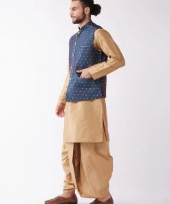 VASTRAMAY Men's Rose Gold Solid Silk Blend Kurta And Dhoti With Blue Nehru Jacket Kurta Sets