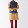 VASTRAMAY Men's Blue Silk Blend Ethnic Jacket, Rose Gold Kurta And Maroon Pyjama Set