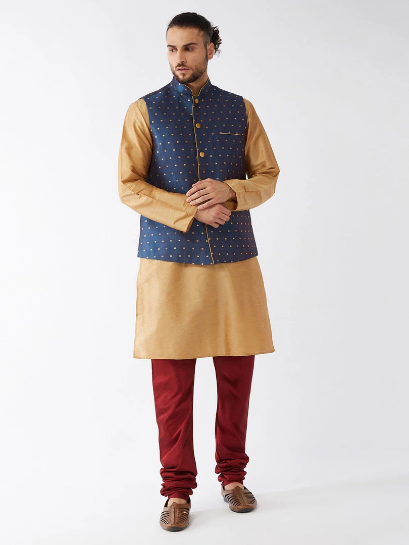 VASTRAMAY Men's Blue Silk Blend Ethnic Jacket, Rose Gold Kurta And Maroon Pyjama Set 3 VASTRAMAY Men's Blue Silk Blend Ethnic Jacket, Rose Gold Kurta And Maroon Pyjama Set