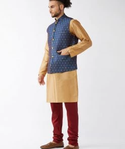 VASTRAMAY Men's Blue Silk Blend Ethnic Jacket, Rose Gold Kurta And Maroon Pyjama Set 10 VASTRAMAY Men's Blue Silk Blend Ethnic Jacket, Rose Gold Kurta And Maroon Pyjama Set
