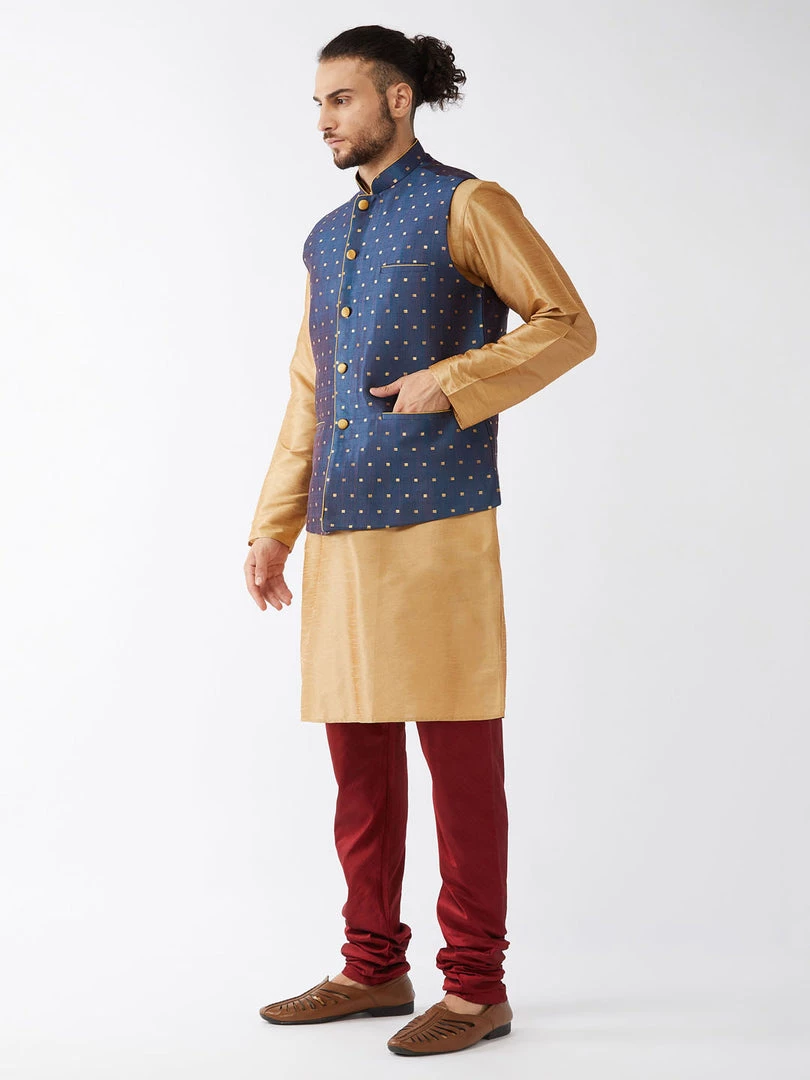 VASTRAMAY Men's Blue Silk Blend Ethnic Jacket, Rose Gold Kurta And Maroon Pyjama Set 4 VASTRAMAY Men's Blue Silk Blend Ethnic Jacket, Rose Gold Kurta And Maroon Pyjama Set