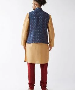 VASTRAMAY Men's Blue Silk Blend Ethnic Jacket, Rose Gold Kurta And Maroon Pyjama Set 11 VASTRAMAY Men's Blue Silk Blend Ethnic Jacket, Rose Gold Kurta And Maroon Pyjama Set