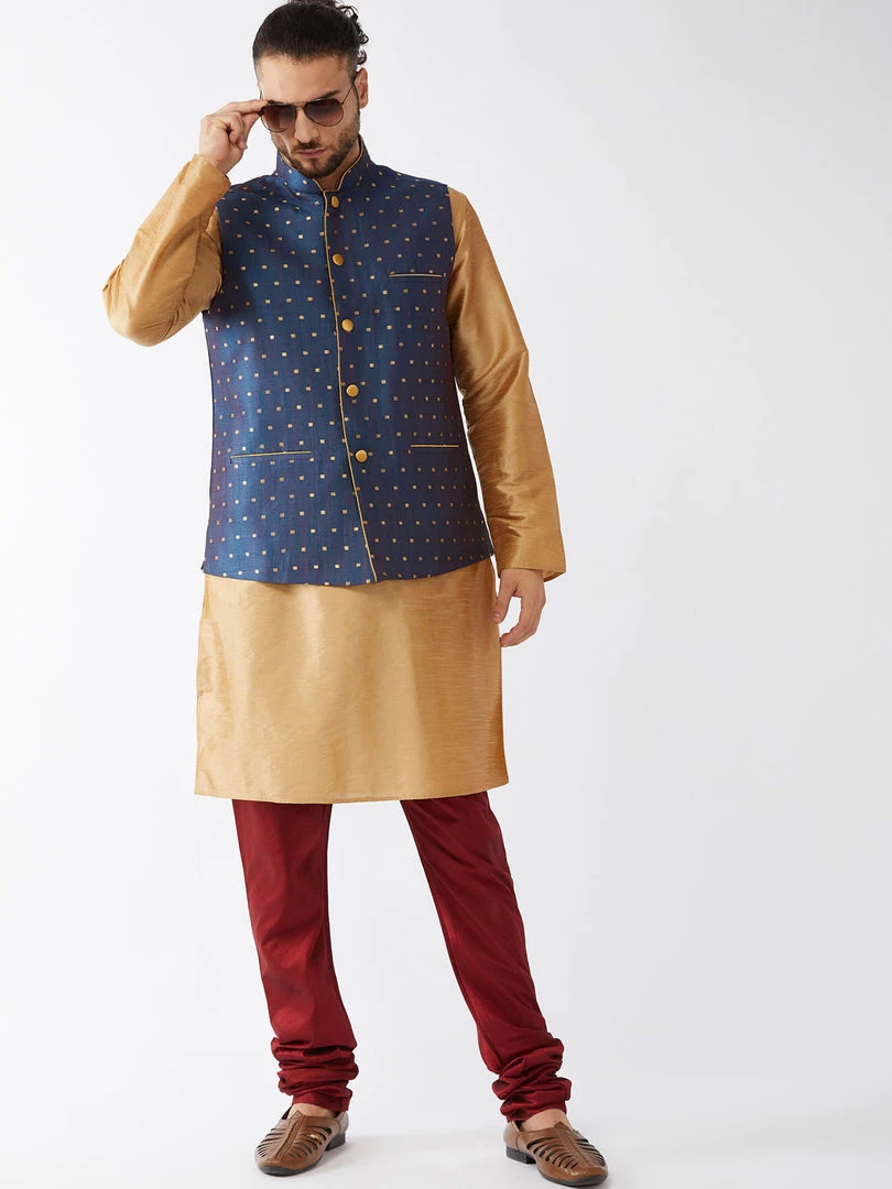 VASTRAMAY Men's Blue Silk Blend Ethnic Jacket, Rose Gold Kurta And Maroon Pyjama Set 8 VASTRAMAY Men's Blue Silk Blend Ethnic Jacket, Rose Gold Kurta And Maroon Pyjama Set