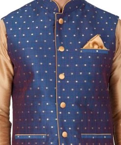 Vastramay Men's Gold Cotton Silk Blend Kurta, Ethnic Jacket And Pyjama Set
