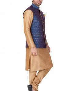 Vastramay Men's Gold Cotton Silk Blend Kurta, Ethnic Jacket And Pyjama Set