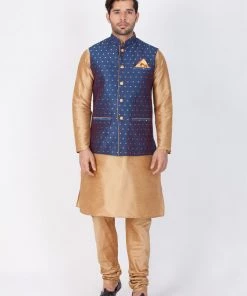Vastramay Rose Gold And Navy Blue Silk Blend Baap Beta Jacket Kurta Pyjama Set