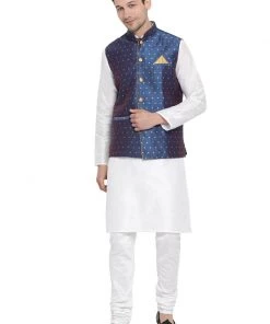 Vastramay Men's White Cotton Silk Blend Kurta, Ethnic Jacket And Pyjama Set