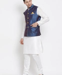 Vastramay Men's White Cotton Silk Blend Kurta, Ethnic Jacket And Pyjama Set