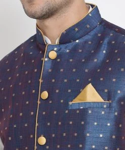 Vastramay Men's White Cotton Silk Blend Kurta, Ethnic Jacket And Pyjama Set