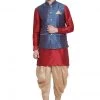 Vastramay Men's Maroon Cotton Silk Blend Ethnic Jacket, Kurta And Dhoti Pant Set