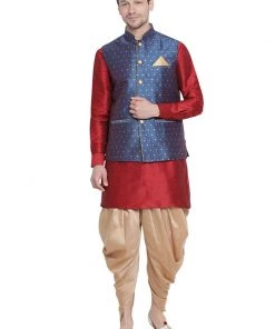 Vastramay Men's Maroon Cotton Silk Blend Ethnic Jacket, Kurta And Dhoti Pant Set