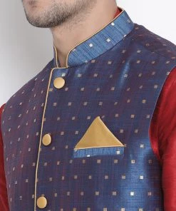 Vastramay Men's Maroon Cotton Silk Blend Ethnic Jacket, Kurta And Dhoti Pant Set