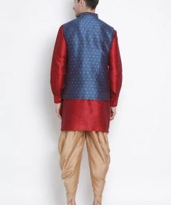 Vastramay Men's Maroon Cotton Silk Blend Ethnic Jacket, Kurta And Dhoti Pant Set