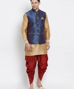 Vastramay Rose Gold, Navy Blue And Maroon Silk Blend Baap Beta Jacket Dhoti Kurta Set Kurta Pyjama