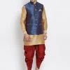 Vastramay Men's Gold Cotton Silk Blend Ethnic Jacket, Kurta And Dhoti Pant Set