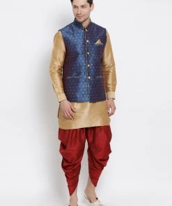 Vastramay Men's Gold Cotton Silk Blend Ethnic Jacket, Kurta And Dhoti Pant Set