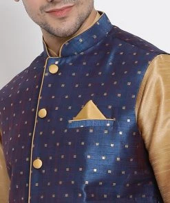 Vastramay Rose Gold, Navy Blue And Maroon Silk Blend Baap Beta Jacket Dhoti Kurta Set Kurta Pyjama