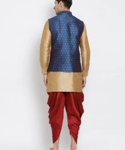 Vastramay Rose Gold, Navy Blue And Maroon Silk Blend Baap Beta Jacket Dhoti Kurta Set Kurta Pyjama
