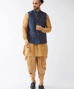 VASTRAMAY Men's Blue Banarasi Jacket With Rose Gold Silk Kurta Dhoti Set