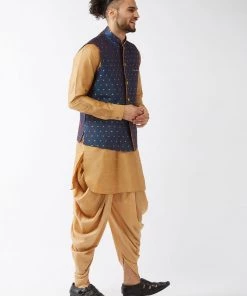 VASTRAMAY Men's Blue Banarasi Jacket With Rose Gold Silk Kurta Dhoti Set